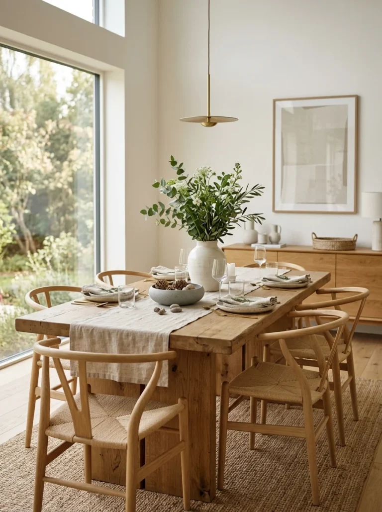 Rarely used dining table styled with a simple centerpiece.