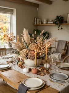 Dining table centerpiece with balanced height and scale.