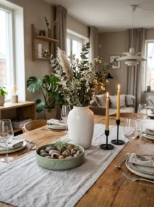 Dining table styled with a linen table runner.