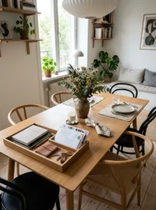 Dining table used for both decoration and everyday organization.