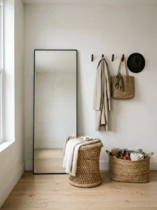 Alt Text: Mirror creating a practical dressing corner.