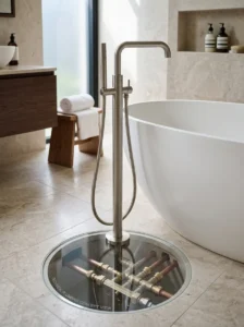Large bathroom with freestanding bathtub and separate shower.