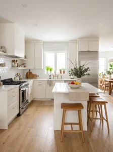 Warm white kitchen cabinets brightening a windowless kitchen