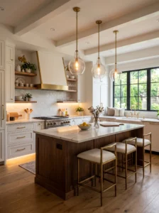Warm kitchen lighting creating a cozy modern space