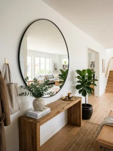 Large mirror making a small entryway appear brighter and more spacious