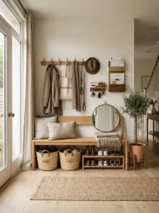 Organized entryway with bench shoe storage and wall hooks
