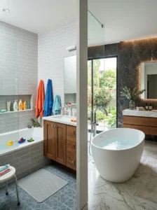 Family bathroom compared with a luxury bathroom featuring a freestanding tub