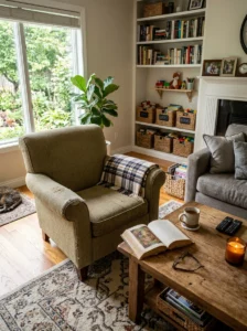 A cozy living room showing natural signs of everyday use without clutter