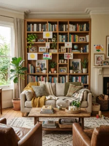 Organized living room with meaningful personal items and family memories