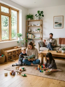 Minimalist living room designed for a family with kids and everyday use