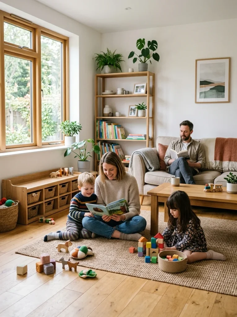 Minimalist living room designed for a family with kids and everyday use