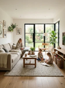 Durable minimalist furniture and materials for a family-friendly home