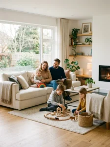 Family enjoying a functional minimalist home with children