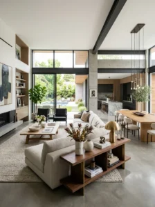 Floating sofa creating a boundary in an open floor plan
