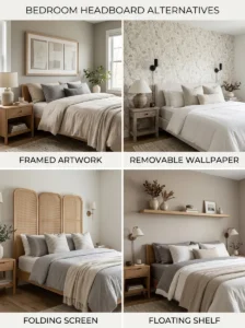 Bookshelf behind a bed serving as a headboard alternative.