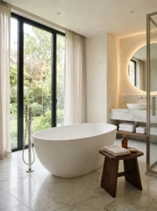 Timeless bathroom with chrome fixtures, neutral finishes, and a clean minimalist design that stays stylish for years.