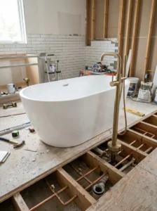 Floor-mounted bathtub faucet installed beside a freestanding tub
