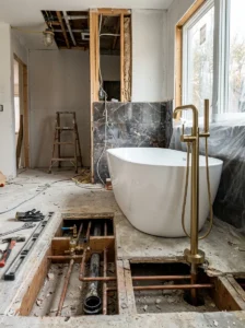 Bathroom with matching chrome fixtures and coordinated hardware.