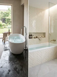 Freestanding tub compared with a built-in bathtub for water containment
