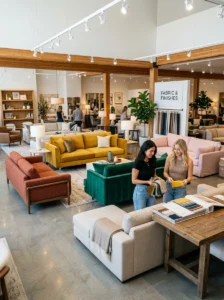 Trending sofa colors displayed in a modern furniture showroom