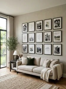 Gallery wall with coordinated artwork above a sofa