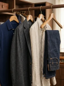 High-quality clothing fabrics in a wardrobe.