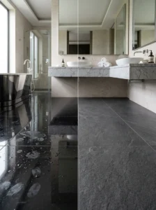 Comparison of glossy and textured bathroom tiles showing maintenance differences