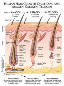 Hair growth cycle showing anagen, catagen and telogen phases.