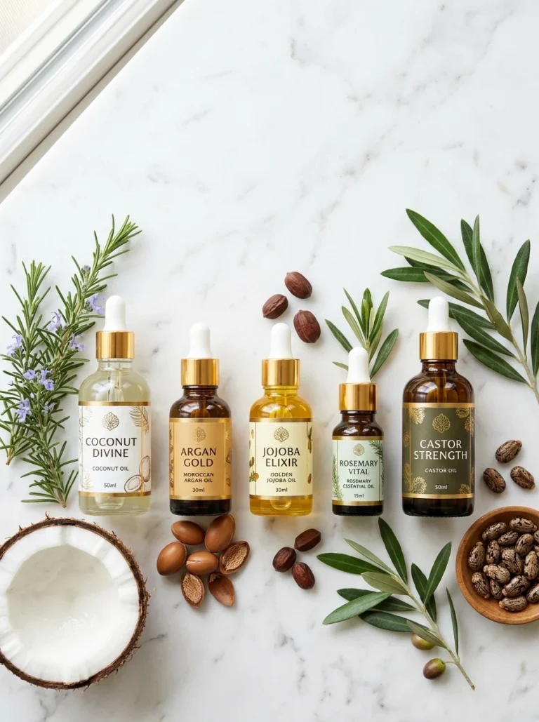 Different hair oils including coconut, argan, jojoba, rosemary, and castor oil for healthy hair care.