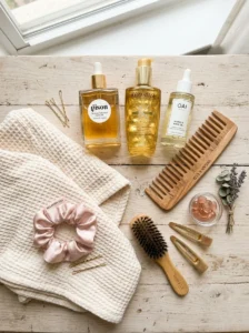 Essential hair oils and accessories for healthy hair care.