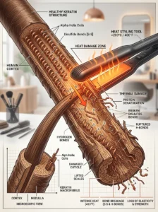 Heat styling breaking keratin protein bonds inside the hair strand.