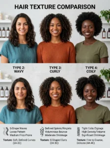 Alt Text: Different curly hair types from wavy to coily.