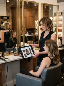 Alt Text: Hairstylist answering common haircut consultation questions.