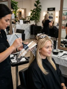 Alt Text: Professional foil highlights being applied in a salon.