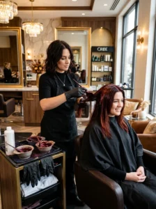 Alt Text: Professional hair coloring process in a modern beauty salon.