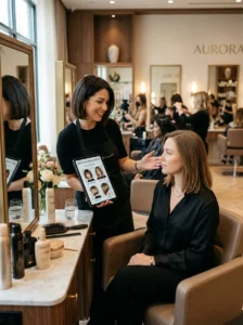 Alt Text: Hairstylist explaining bob haircuts for different face shapes.