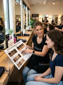 Alt Text: Hair color consultation comparing balayage, highlights, and ombre.