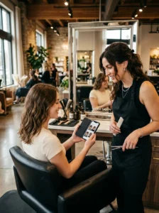 Alt Text: Client showing haircut inspiration during a salon consultation.