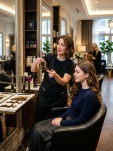Alt Text: Hairstylist explaining how hair texture affects haircut choices.