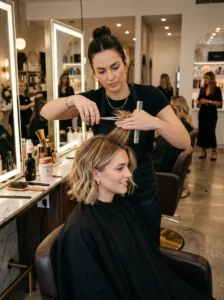 Alt Text: Textured layered bob haircut.