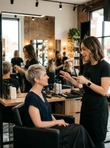 Alt Text: Hairstylist answering common short hair styling questions.