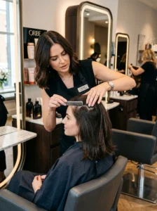 Alt Text: Hairstylist working with a natural cowlick.