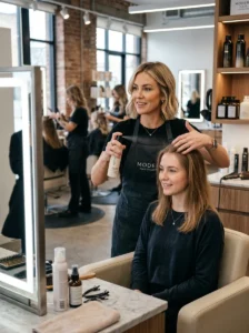 Alt Text: Hairstylist answering common questions about fine hair volume.