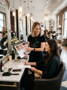 Alt Text: Hairstylist answering questions about balayage, highlights, and ombre.