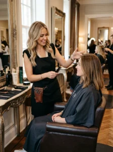Alt Text: Stylist explaining the haircut plan before starting.