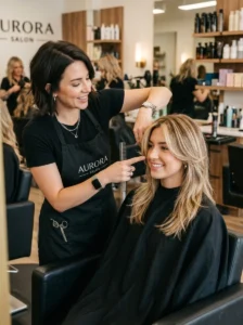 Alt Text: Hairstylist discussing layering and texture options.
