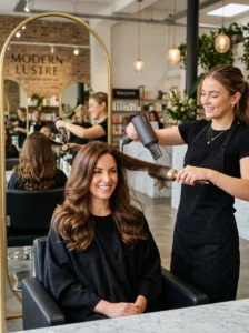 Alt Text: Professional hairstylist creating a salon blowout with a round brush.