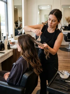 Alt Text: Hand-painted balayage creating soft natural highlights.