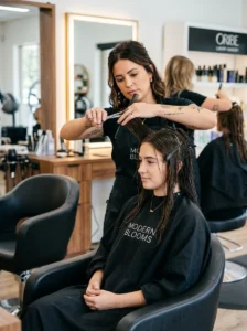 Alt Text: Hairstylist cutting wet hair before styling.