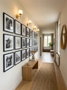 Gallery wall decorating a long narrow hallway.
